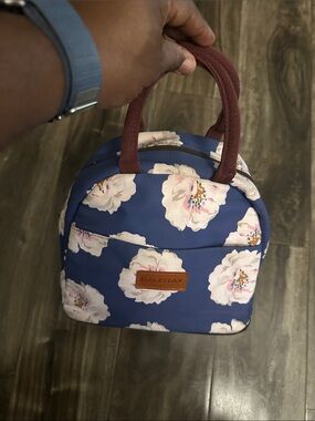 Balcray Insulated Lunch Tote Bag Cooler Blue with Pink Flowers, Brown Name Tag